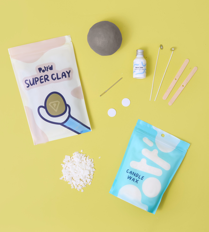 Crafting materials on a yellow background include air dry clay, candle wax, base coat, and tools for creative projects.