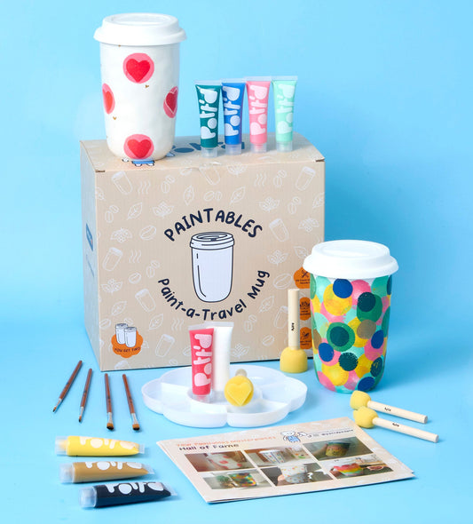 Mini pottery kits featuring handcrafted pastel-colored wildflower and coffee cup candles with 25% off text on a blue background.