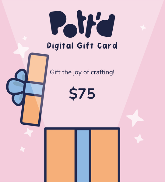 £50 digital gift card from Pott'd, featuring a gift box illustration on a pink background with decorative stars.