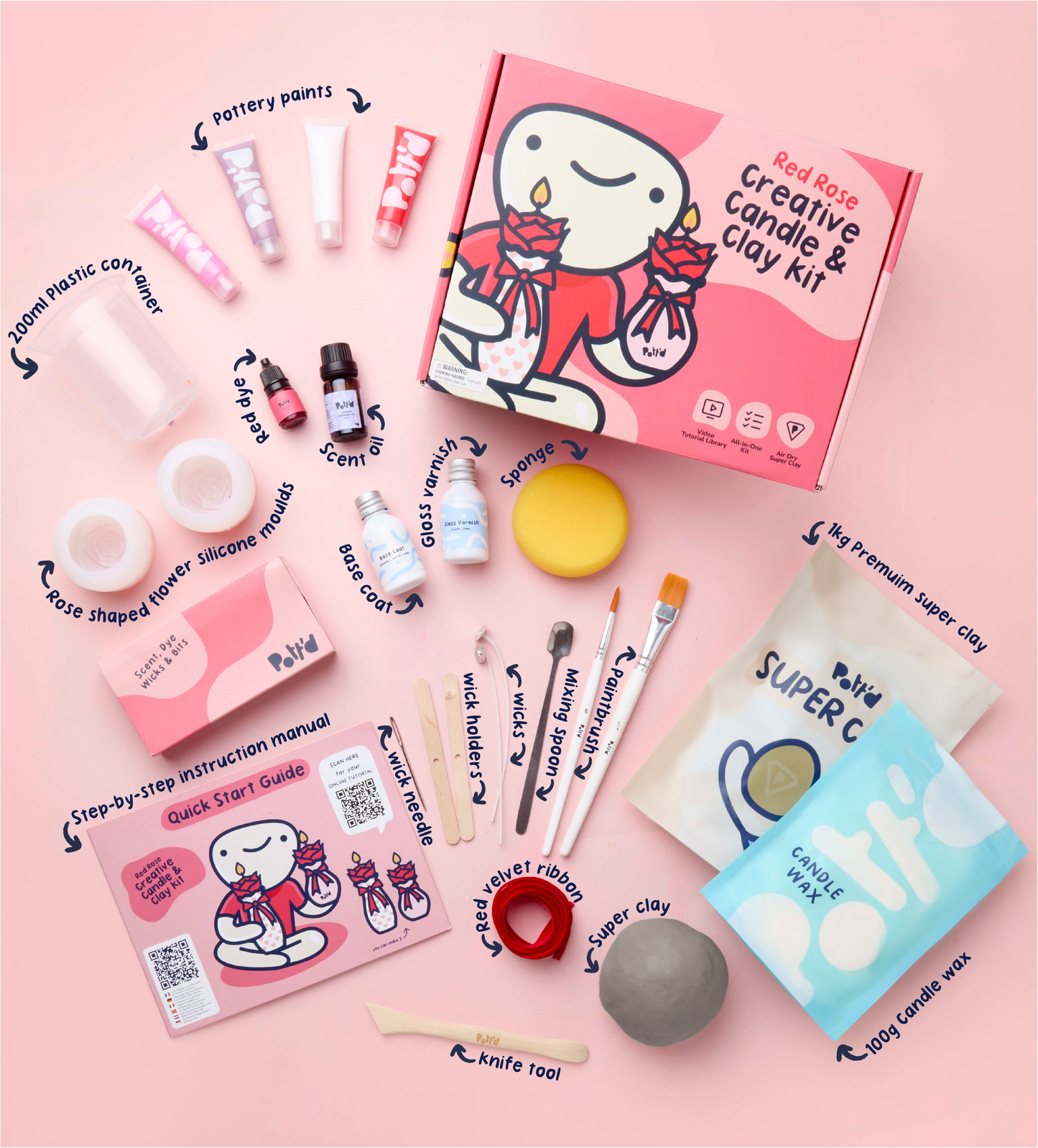 Creative candle and clay kit on a pink background with tools, silicone molds, paints, and instructions, featuring a cartoon design.