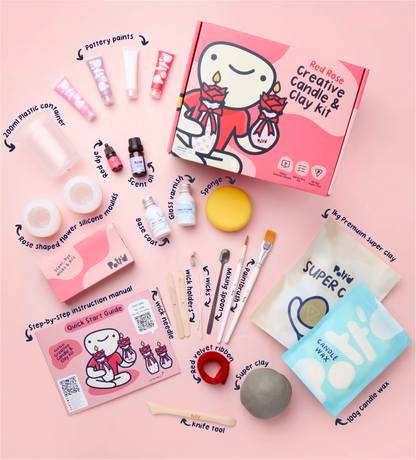 Creative candle and clay kit on a pink background with tools, silicone molds, paints, and instructions, featuring a cartoon design.