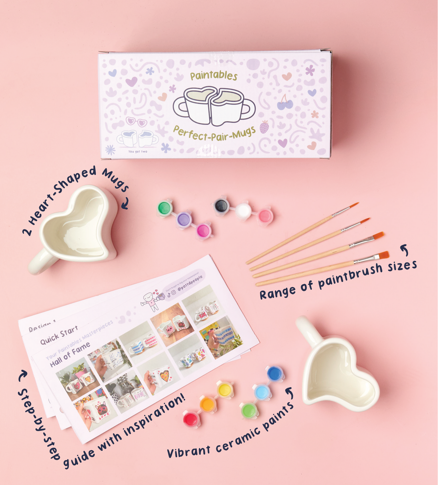 Pottery starter kit includes colorful paints, brushes, clay, instructions, and rainbow planter on white background.