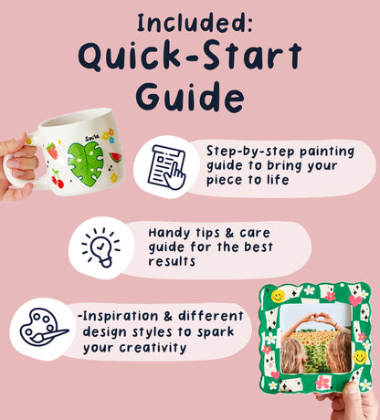 Painting a colorful wooden photo frame with a green and white floral design, using a brush and vibrant paint pots.